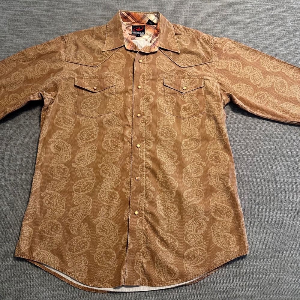 Roper Western Snap Shirt Mens Large Brown Paisley Cotton Long Sleeve
